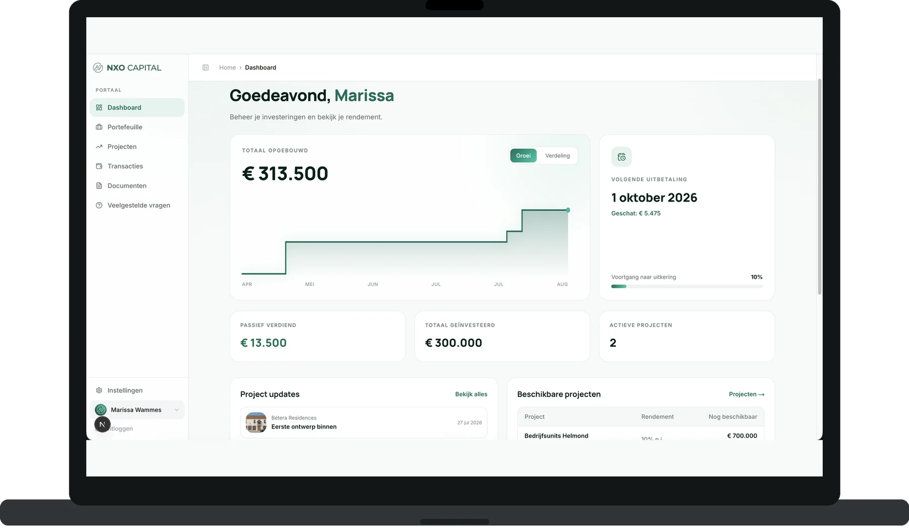 NXO investor portal — dashboard with returns and portfolio