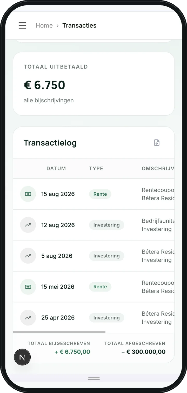 NXO investor portal on mobile — transaction overview